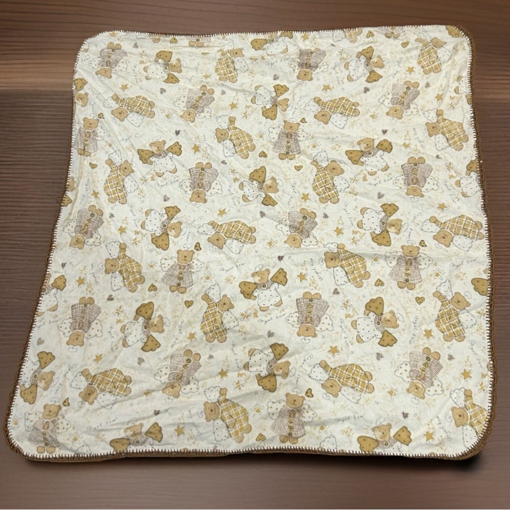 Baby Blanket Angel Bears With Brown Crocheted Trim With Lettering 33 X 32”